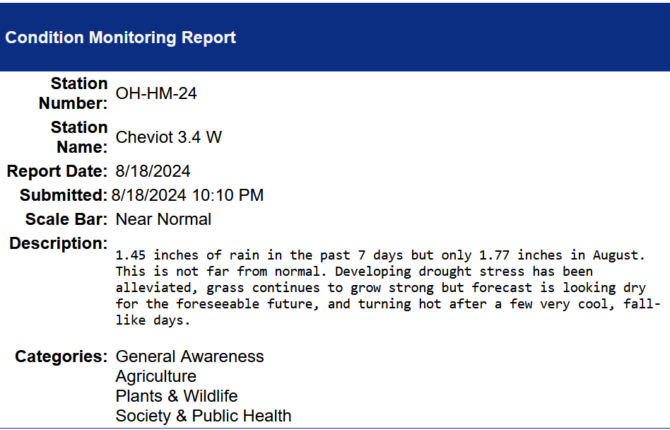 august 18 condition monitoring near normal at cheviot ohio 3w